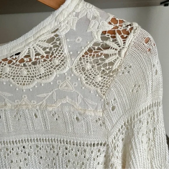 Free People Cream Crocheted Lace Bell Sleeve Top, Size XS Romantic Boho - Picture 6 of 15